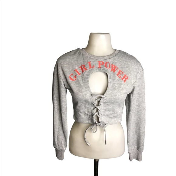 Shein | Girl Power Graphic Lace Up Cut Out Chest Long Sleeve Crop top - Picture 3 of 8